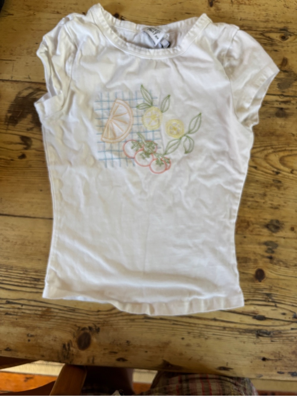 White Short Sleeve Women's Tee with Pastel Fruit Embroidery Princess Polly
